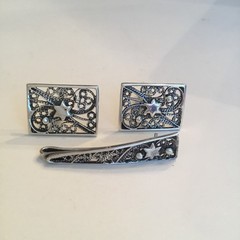 Reuven 925 Sterling Silver Filigree Cufflinks & Tie Bar Israel -3 Pc Set