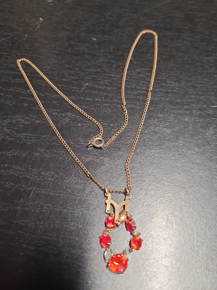 Vintage At Deco Faux Ruby Rhinestone Bronze Tone Chain Necklace