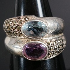 Vintage Art Deco Sterling Silver Pink & Blue Topaz Marcasite Ring Sz5.5 5.8g