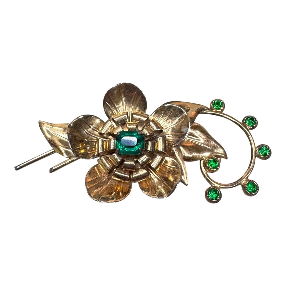 Vintage Sterling Silver Man Made Emerald Floral Brooch Gold Vermeil Intricate 3″