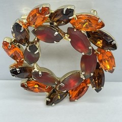 Rhinestone Wreath Brooch Marquise Frosted Red Amber Orange Gold‑Tone Mid‑Century