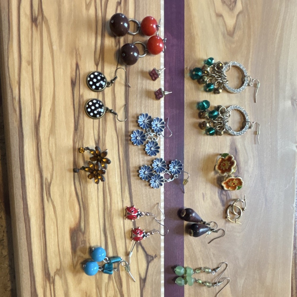 Vintage & Antique Multicolor Mixed Materials Earrings Lot, 12 Pieces, Women