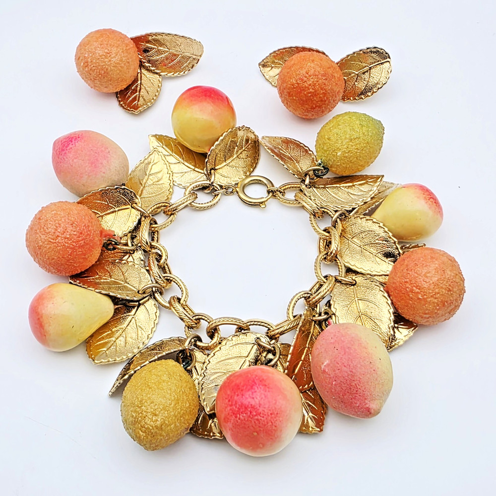RARE! Napier Fruit Salad Charm Bracelet & Earrings, Peach, Nectarine, Pear Lemon
