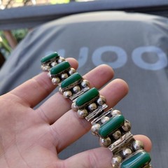 Vintage Antique Mexican Silver w/ Green Onyx Bracelet needs repair 1930s