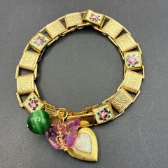 Czech Glass & Faux Opal Heart Locket, Vintage Mix Victorian Book Chain Bracelet
