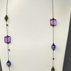 Glass Bead Station Necklace Blue Flower Lampwork Purple Acrylic Black Tone 36″
