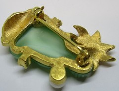Vintage Buddha Faux Jade Glass and Rhinestone Pin