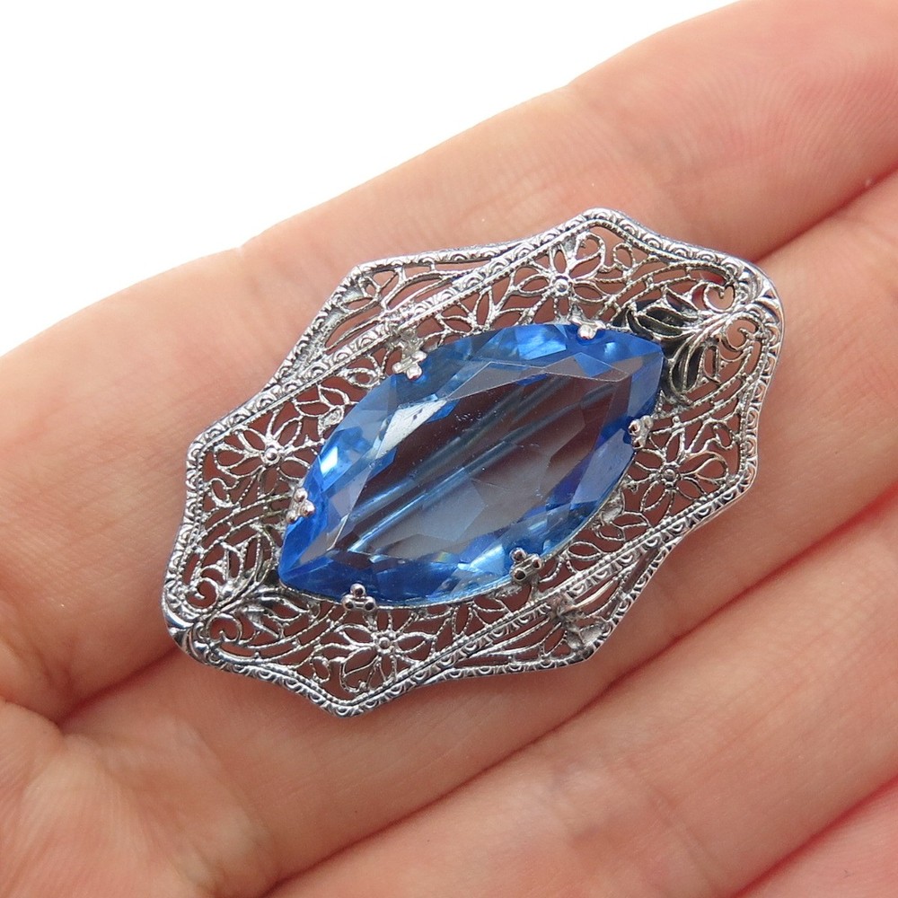 Silver-Tone Antique Art Deco Blue Rhinestone Filigree Pin Brooch