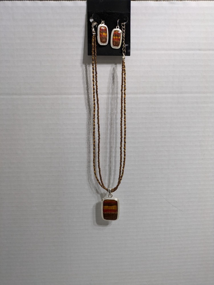Necklace Earring Set Vintage Designer KC Beaded Two Strand Silver Tone Pendant