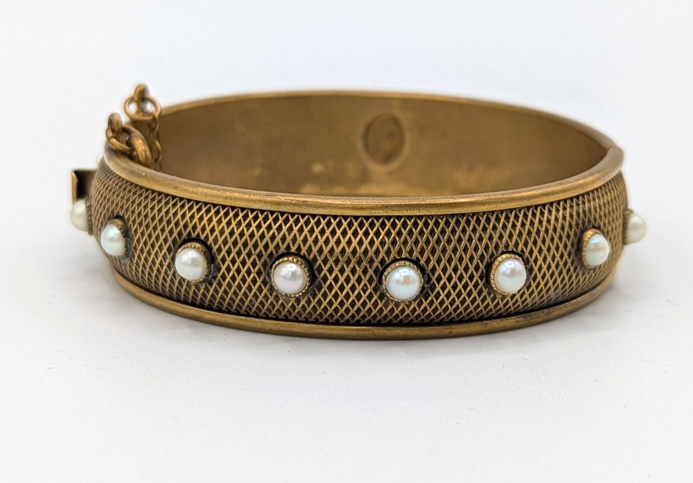 Vintage Hobe Pearl Bangle Hinged Bracelet Cuff Textured Gold Tone Safety chain
