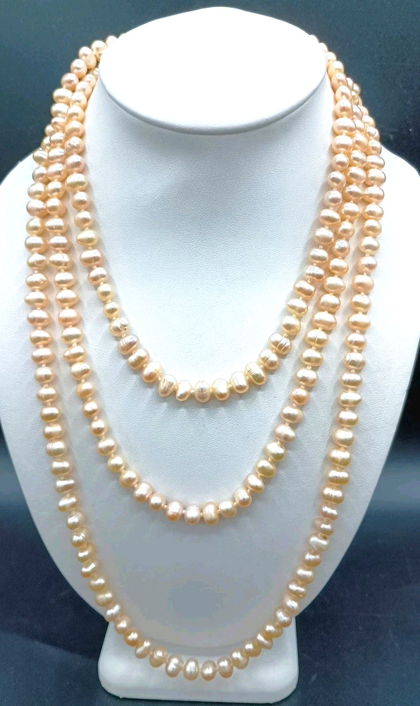 Vintage Baroque Pearl Necklace Cream Champagne Flapper Long Individual Knot 64″