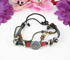 BOHO Wood Beads Silvertone Metal Round STAR Beaded THREE Strands Cording 11″