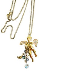 Vintage Signed Kirk’s Folly Angel Cherub Glass Dangle Gold Tone Necklace 28”