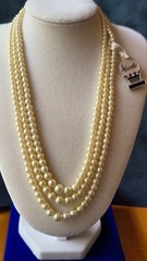 Circa 1950 NOS Marvella 3-Str Faux Pearl Necklace ,Original Tag,Box,Sterlinig