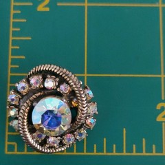 Vintage Aurora Borealis AB Rhinestone Prong Set Swirl Button Brooch Gold Tone