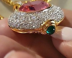 Vintage Signed NOLAN MILLER 30in Goddess Necklace Goldtone Clear Pink And Green