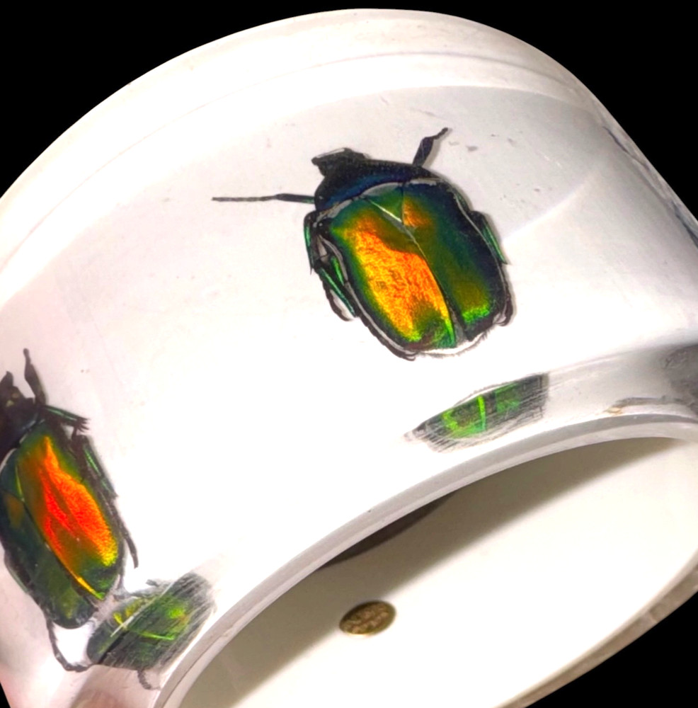 HUGE Kolos Designs Egyptian Revival Resin Lucite REAL Beetle Bug Estate Bracelet