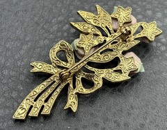 Vintage 1928 Brand Gold Tone Floral Bouquet Brooch Pin Pink Porcelain Roses