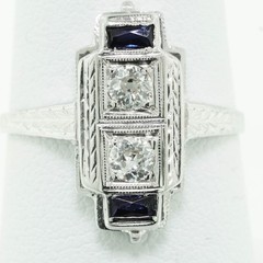 Antique 18K White Gold Mine Cut Diamond & Sapphire Engagement Ring Size 7