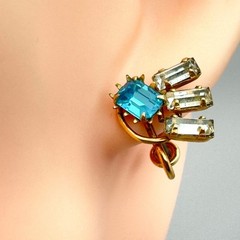 Vtg Art Deco 12k GF Blue Clear Rhinestone Screw-Back Earrings Ideal Jewelry MFG