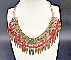 Vtg Egyptian-style Spiked BIB necklace W/ Copper Tone Spikes Pink & Green Beads