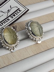 Vintage Stephen Dweck Sterling Silver Carved Prehnite Clip-On Earrings NOS Rare