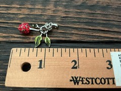 Vintage JUICY COUTURE Rhinestone Red Cherry Pendant Enameled Leaves