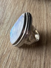 Vintage Silver Moonstone Asymmetrical Cabochon Bezel Set Statement Ring Size 8.5