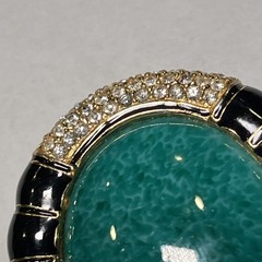 VTG Ciner Peking Green Glass Brooch Cabochon Gold Black Rhinestone, 2.25”x1.75”