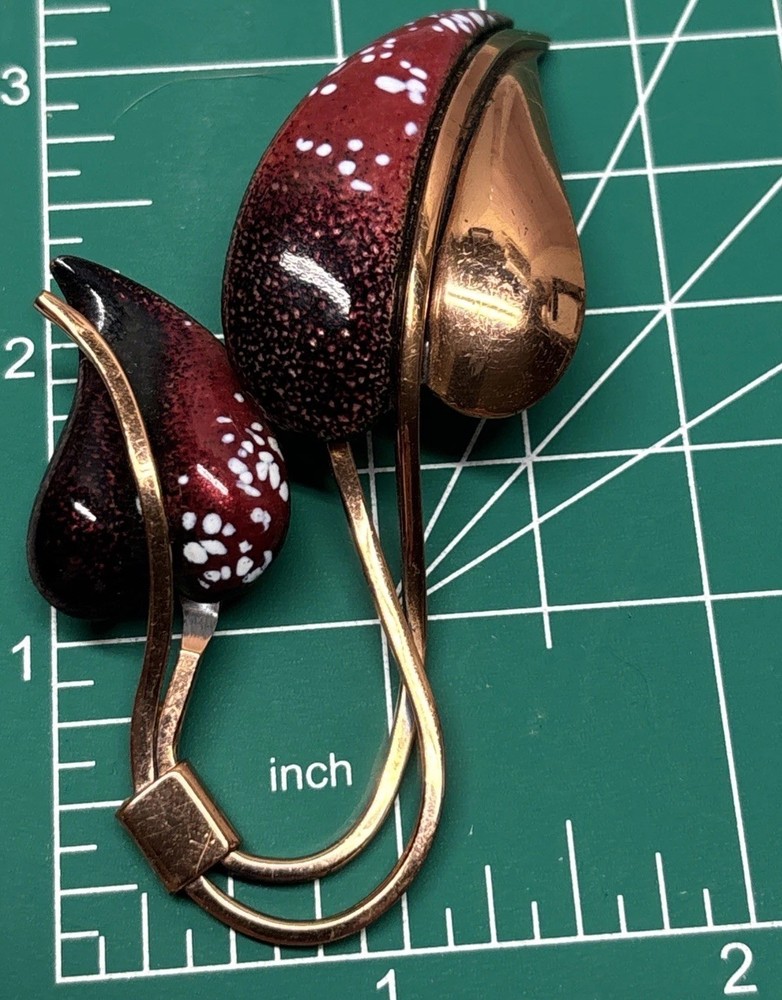 Vintage Matisse Renoir Copper Enamel Leaves Brooch Pin Red Signed Estate 3” Long