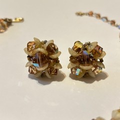 Vtg Signed Vendome Necklace Clip Earrings Set Glass Beads AB