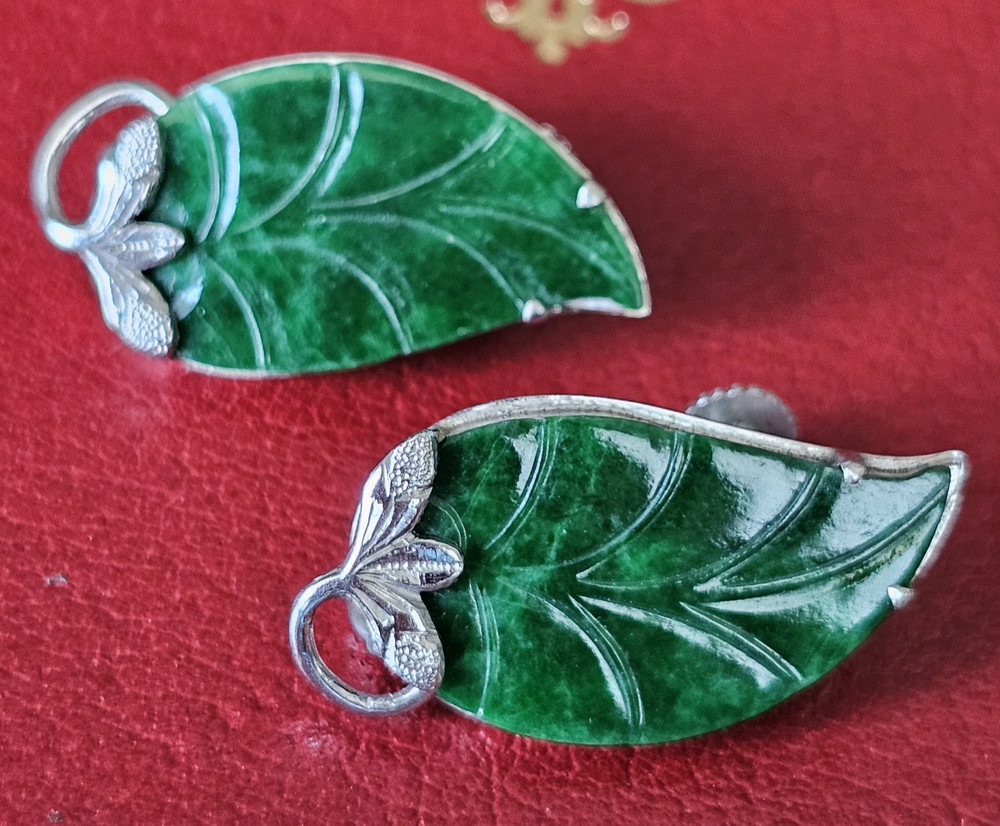 RARE Solid 14k White Gold Carved Spinach Green Jade Large Vintage Earrings