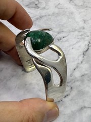 Vintage Estate Old Taxco Mexican Sterling Silver Malachite Signed Cuff Bracelet