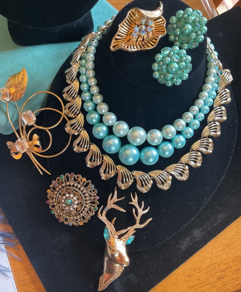 Vtg Aqua Blue Summer Jewelry Mix Lot Earrings Necklace Brooch Lisner Japan Coro