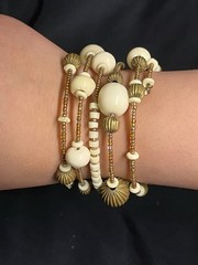 VINTAGE 1950’s Midcentury Beaded Memory Wire Wrap Bracelets Off White & Gold