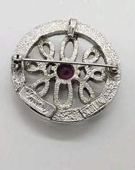 Modernist Brooch Pin Purple Crystal Silver Tone 1.5 in Textured Signed Scottland