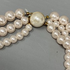 Imitation Pearl Necklace Soft Pink Hue Tripple Strand Collar Classic Couture 16″
