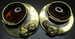 Artisan Rootbeer Glass Cabochon Brass Vintage Clip Earrings