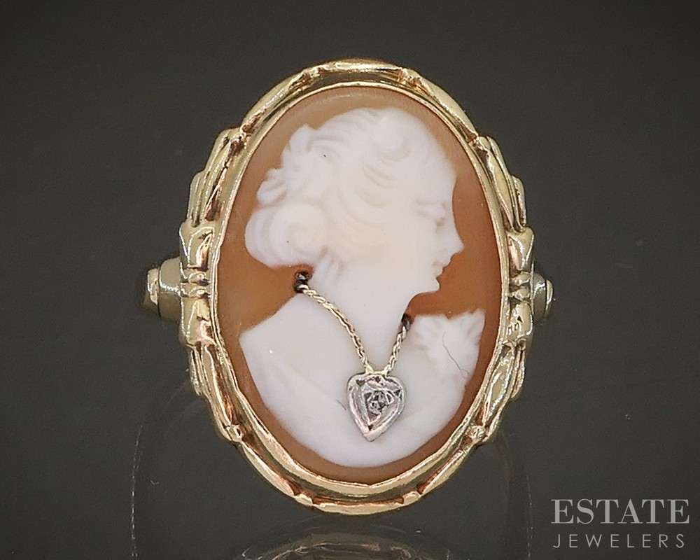 Antique 10k Yellow Gold Natural Cameo Diamond Ladies Ring 3.1g p18559b