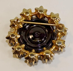 B51 VINTAGE RHINESTONE MOURNING BROOCH PIN JET BLACK STONE CABOCHON UNSIGN 1.25″