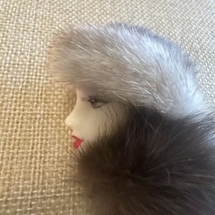 Vintage 80s Lady Face & Fur Hair Brooch Pin Glam