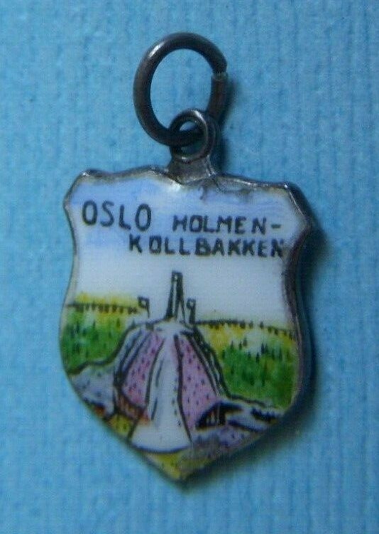 Vintage Oslo Holmen Kollbakken ski jumping Norway shield silver charm