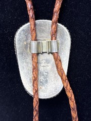 Vintage Tooled Alpaca Silver Tiger’s Eye Bolo Tie Braided Leather Southwestern