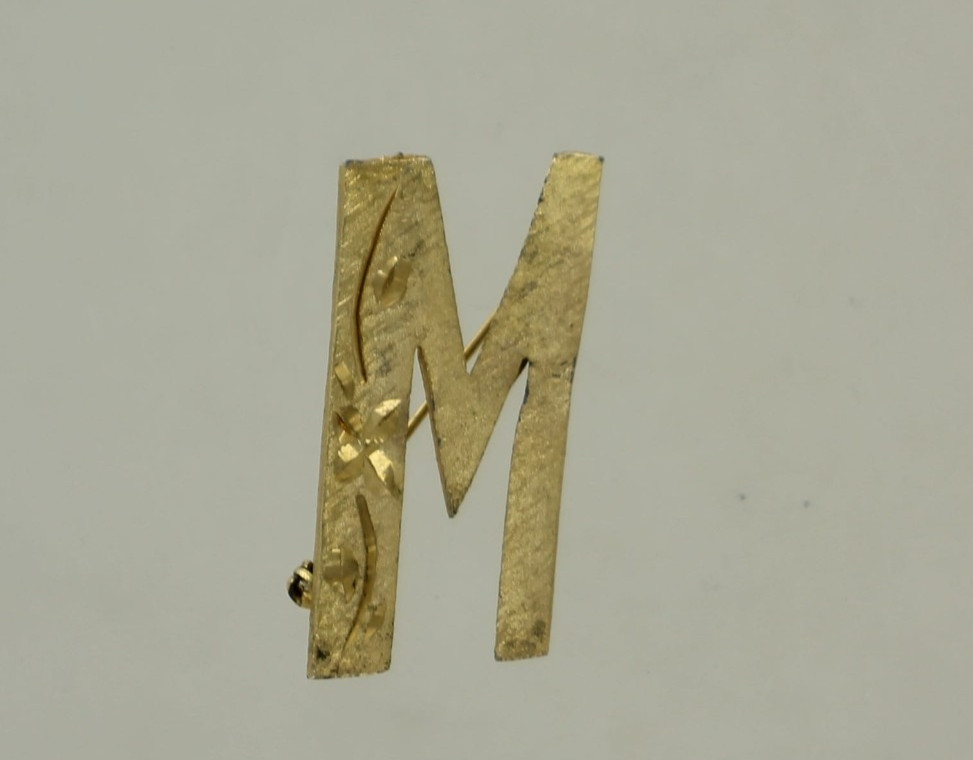 Vintage Mamselle Letter M Pin – Etched Brushed Goldtone – Initial
