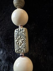 Vintage Carved Beaded Station Necklace Tan, Ivory Resin Beads 24”