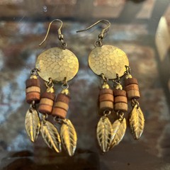 Vintage Dangle Drop Earrings Metal & Wood Beads Feather Boho Gold And Brown