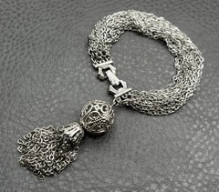 Vintage Silver Tone Multi-Strand Chain Bracelet Ornate Filigree Tassel Charm