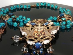 Czech Art Glass Necklace Gold Egyptian Motif Blue Drops Statement Jewelry