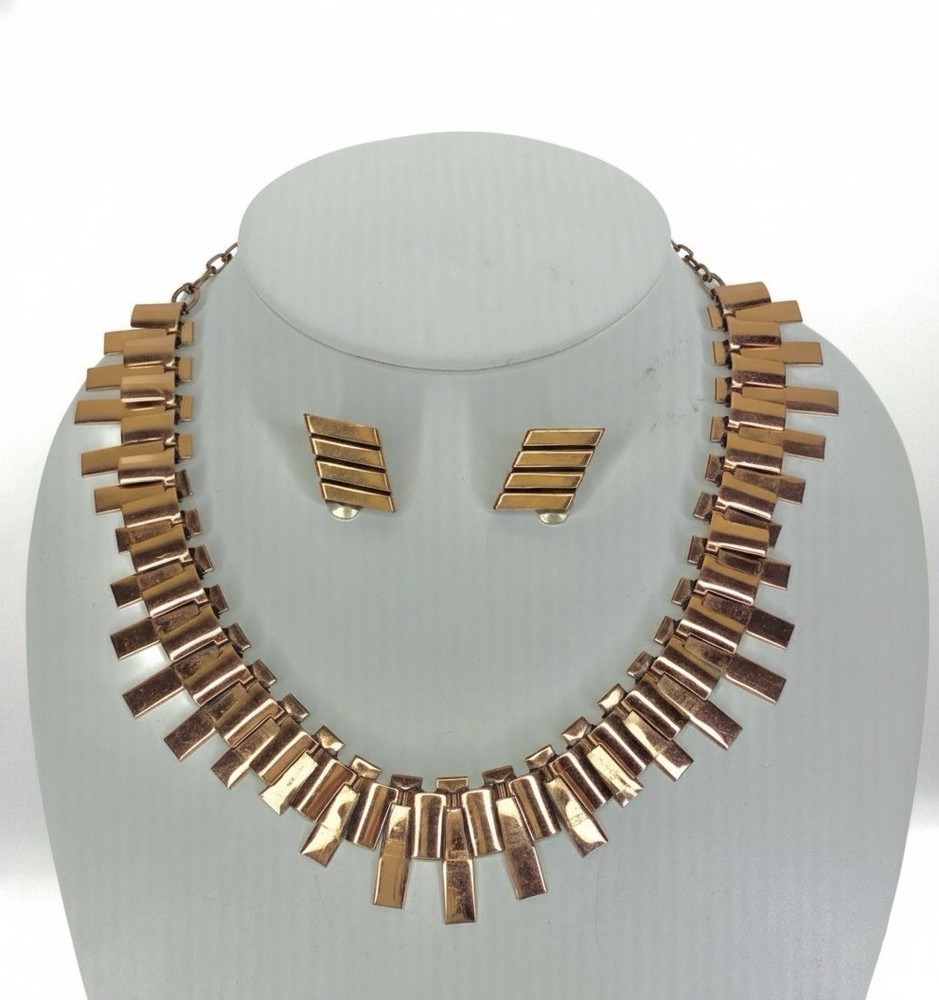 Vintage Renoir Copper Peter Pan Necklace Earrings Set MCM Modernist Signed 1950s