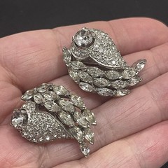 Vtg JOMAZ Earrings Joseph Mazer Clip On Marquis Shaped Rhinestones & Pave Swirls